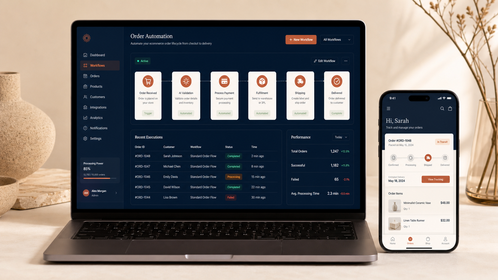 Order automation dashboard and customer delivery updates on mobile